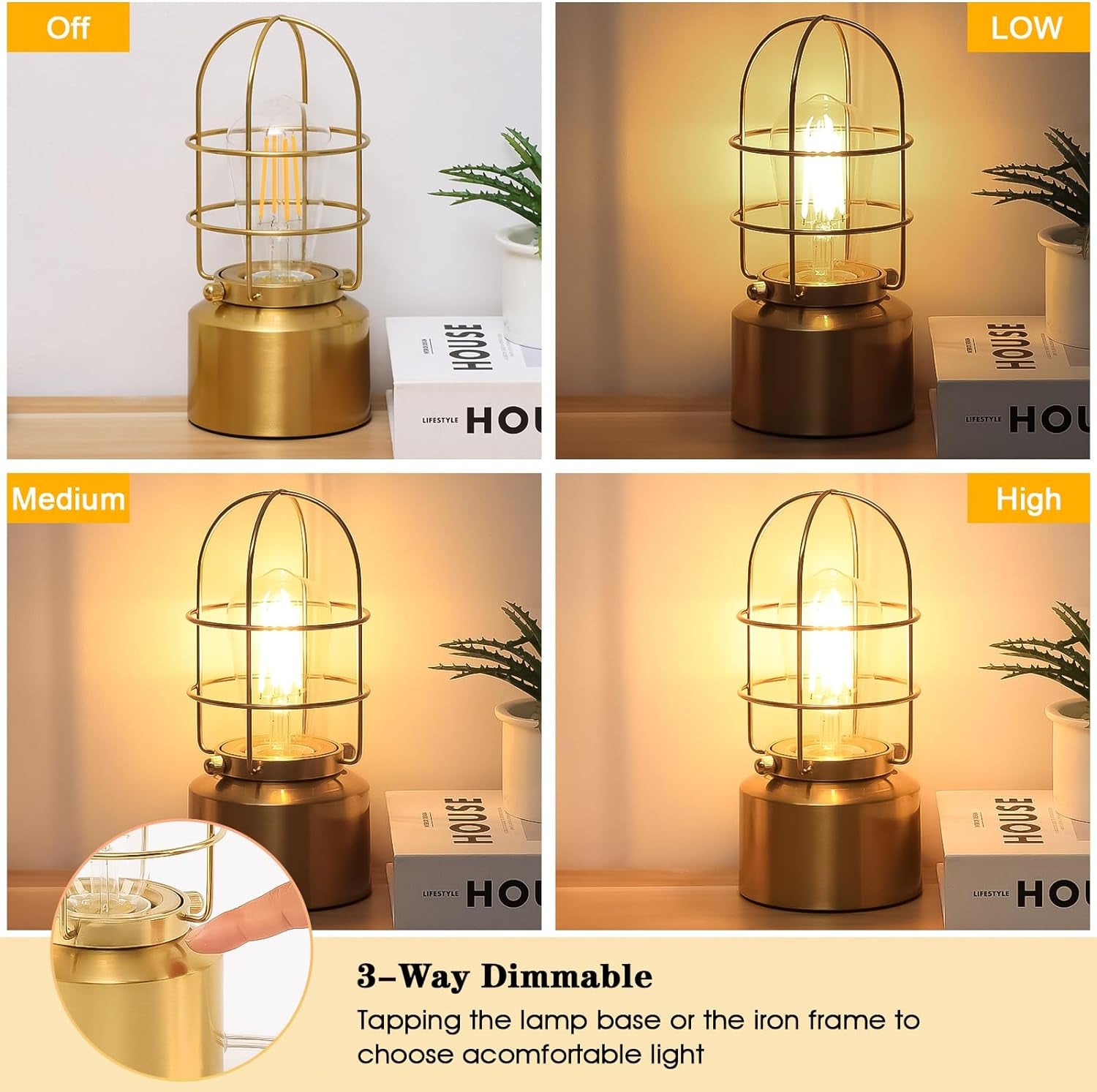 Haian 𝗦𝗺𝗮𝗹𝗹 𝗧𝗼𝘂𝗰𝗵 𝗚𝗼𝗹𝗱 𝗧𝗮𝗯𝗹𝗲 𝗟𝗮𝗺𝗽 for Small Spaces - 3 Way Dimmable Industrial Bedside Lamp - Steampunk Antique Nightstar