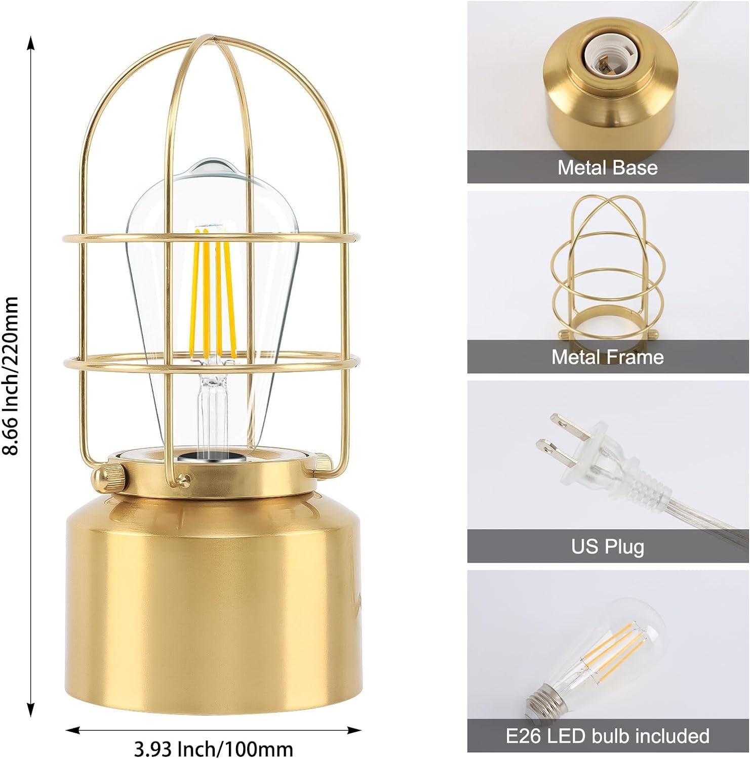 Haian 𝗦𝗺𝗮𝗹𝗹 𝗧𝗼𝘂𝗰𝗵 𝗚𝗼𝗹𝗱 𝗧𝗮𝗯𝗹𝗲 𝗟𝗮𝗺𝗽 for Small Spaces - 3 Way Dimmable Industrial Bedside Lamp - Steampunk Antique Nightstar